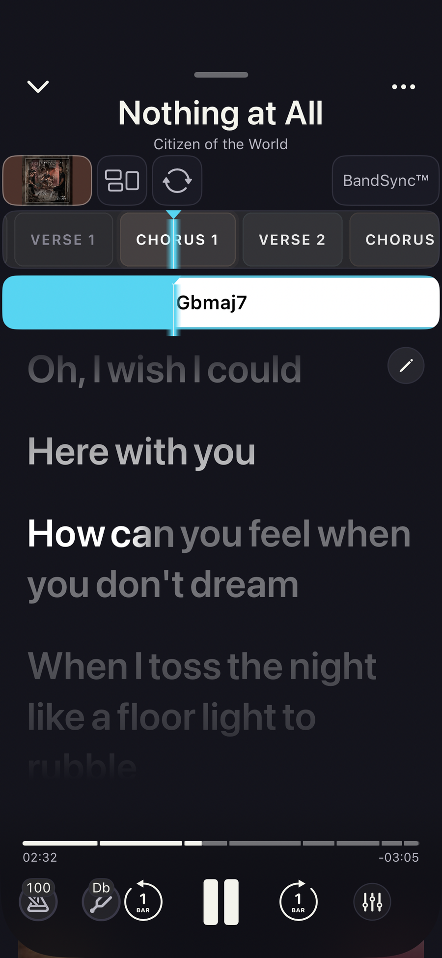 SheetMuse on iPhone: chords, sections and lyrics following the song, with BandSync