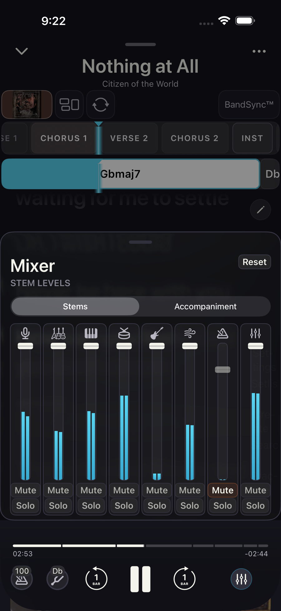 iPhone showing the SheetMuse stem mixer open