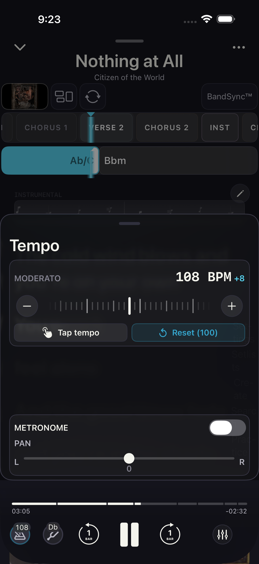 iPhone showing tempo adjusted for practice in SheetMuse